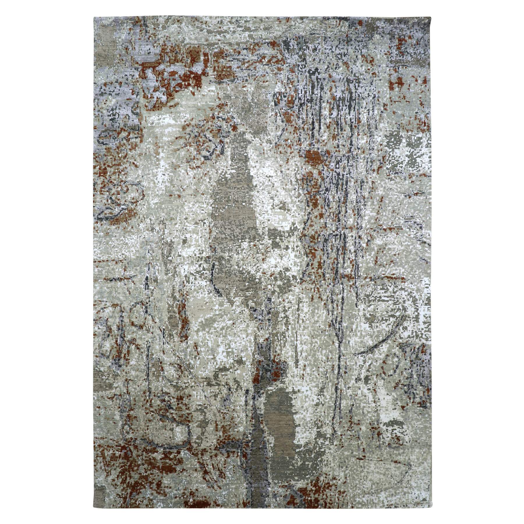 Light Gray, Persian Knot, Abstract with Galaxy Design, 100% Wool, Hand Knotted, Densely Woven, Oriental Rug